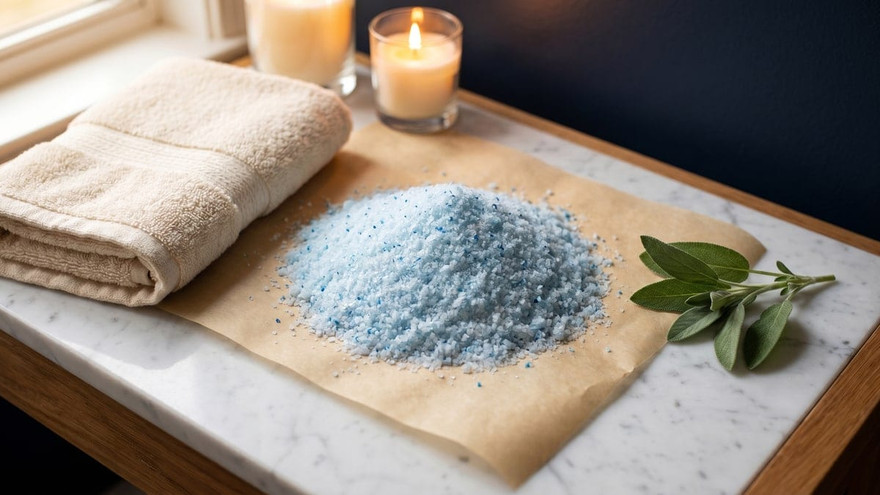 Mound of pale-blue bath salts on parchment beside folded towel, lit candles and sage sprig