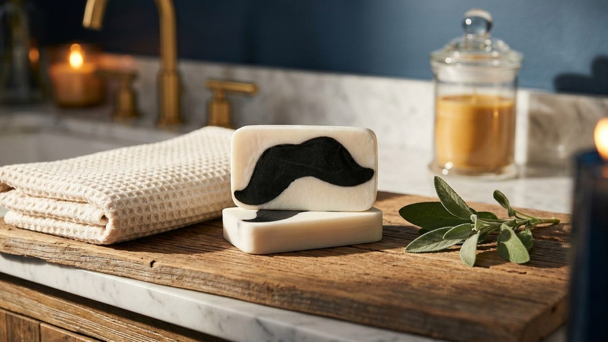 Two cream soap bars with black charcoal moustache embeds on a wood vanity beside a towel, sage, and candle