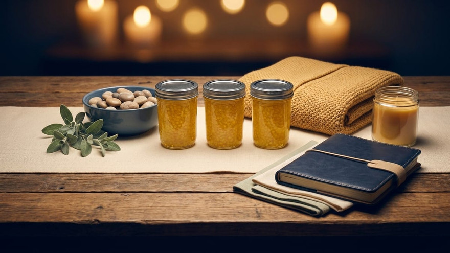 Three jars of yellow gel air freshener on a wood table with sage, candle, journal, and warm cozy lighting