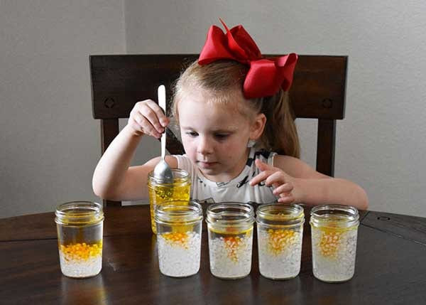 Girl spooning yellow liquid into mason jars of gel crystals turning yellow, five jars in a row