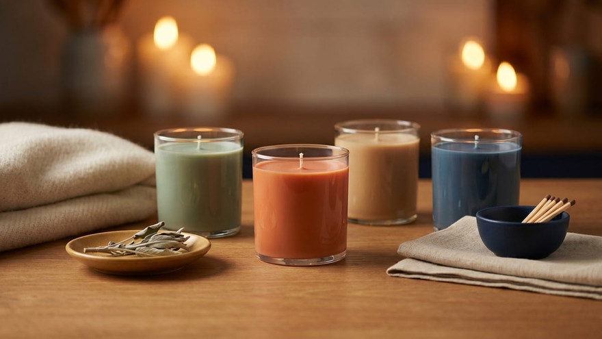 Four soy candles in clear glass tumblers in sage, rust, tan and blue, with sage sprigs and matches