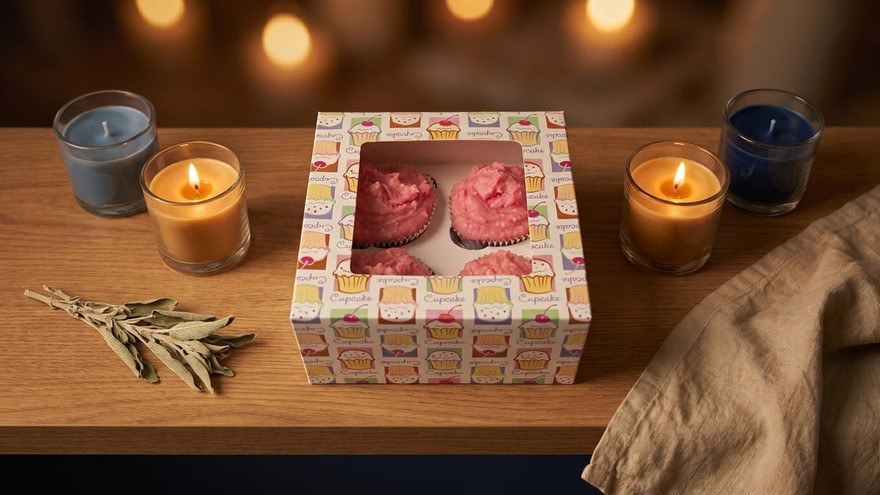 Pink whipped-wax cupcakes in a cupcake-print bakery box flanked by lit candles on wood