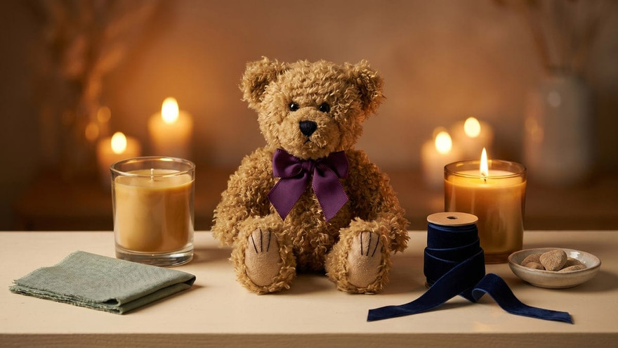 Curly brown teddy bear with a purple bow beside candles and navy velvet ribbon