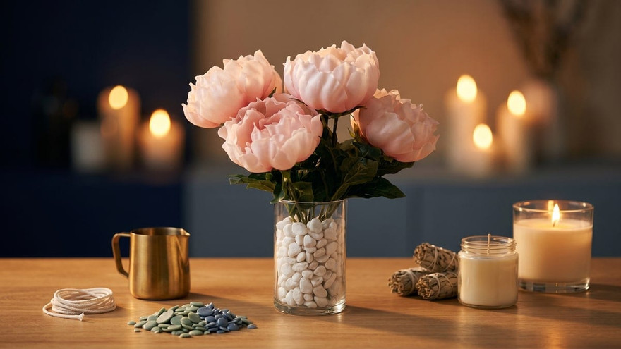 Pale pink peony bouquet in a pebble-filled glass vase beside candles and sage bundles