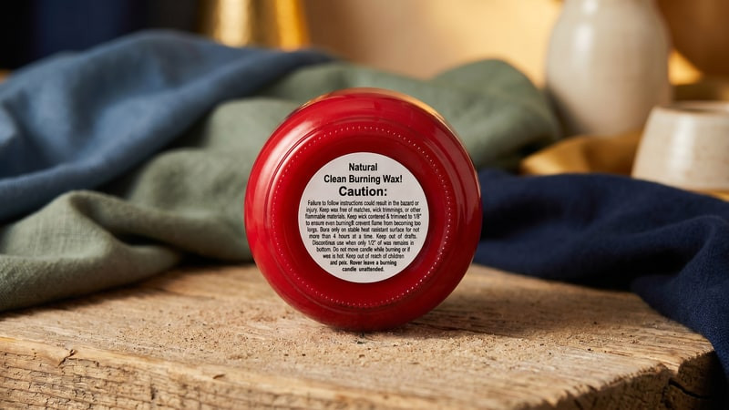 Bottom of a red jar candle showing a round Natural Clean Burning Wax caution label