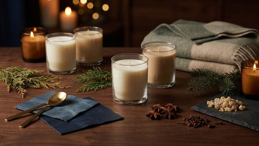 Cream candles in clear glasses on dark wood with cedar, pine, star anise, cloves, resin and a wool blanket