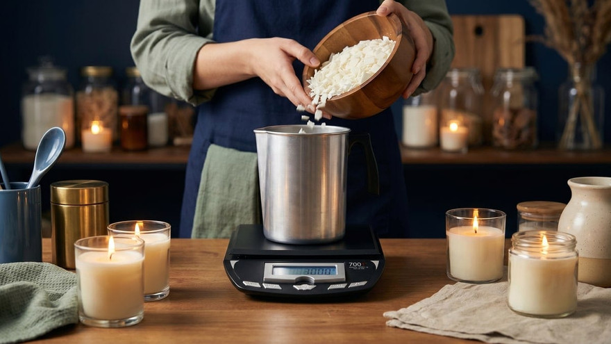 Hands pouring white soy wax flakes from a wooden bowl into a steel pitcher on a digital scale
