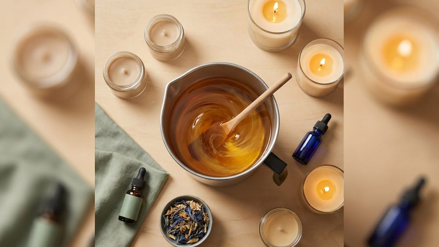 Overhead steel pitcher of amber melted wax with wood stir stick, ringed by candles, dropper bottles, dish of botanicals