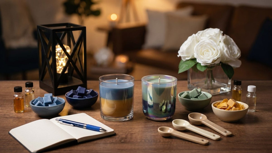 Two layered candles in glass jars on a wood table with notebook, pen, wax chips, measuring spoons, white roses, lantern