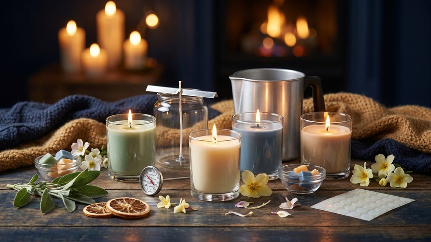 Pastel green, cream, blue, and peach candles with thermometer, pouring pitcher, dried orange, sage, and primrose