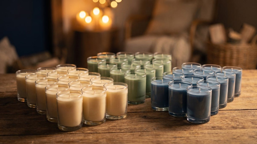 Three groups of cream, sage green, and blue poured glass candles on a rustic wood table