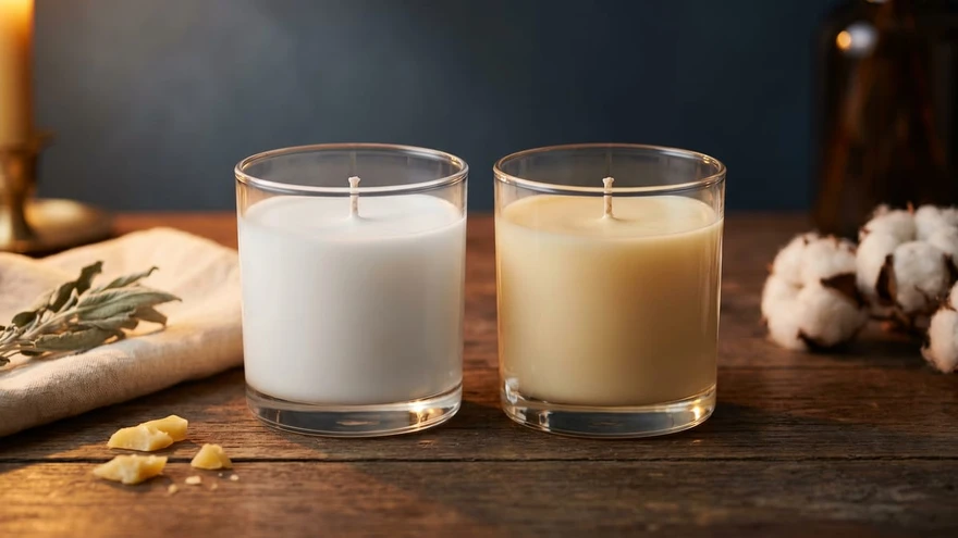 Two candles in glass tumblers, one white and one ambered, on a dark wood table
