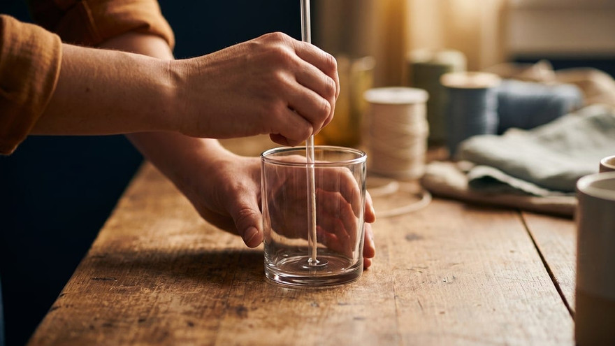 Hands centering a wick with a straw in an empty glass jar beside spools of wick