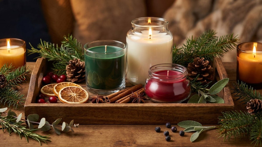 Green, cream, and red candles on a wood tray with pine, pinecones, dried orange, and cinnamon