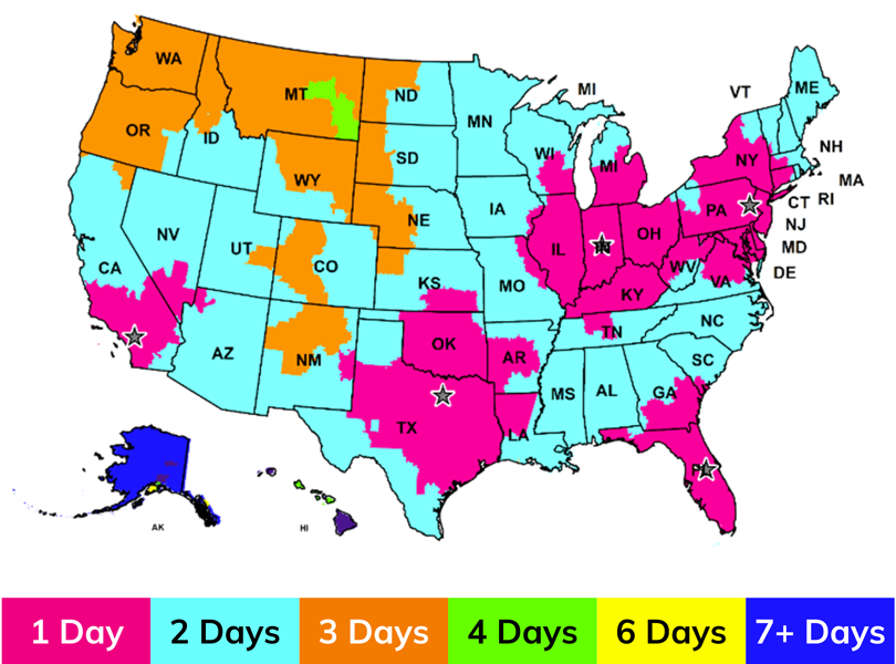 color-coded U.S. transit map of 1 to 7+ day delivery zones with five flame-marked warehouse locations