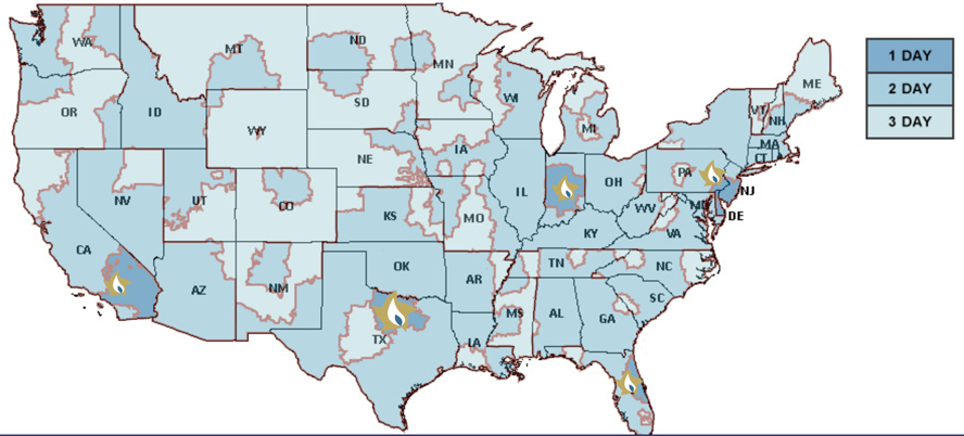 blue U.S. map showing USPS 1, 2, and 3 day delivery zones from five flame-marked locations